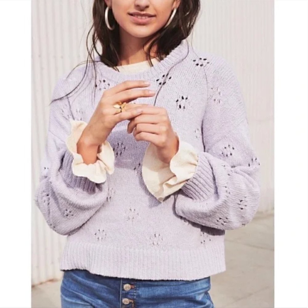 Madewell Sweater XXS Floral Pointelle Pullover Lavender Purple Balloon Sleeves